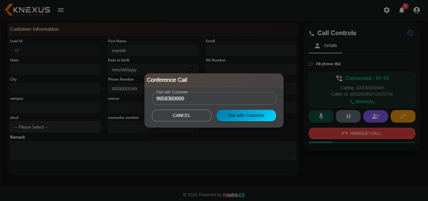 KRUDRA-CX Conference Call Agent Panel screen